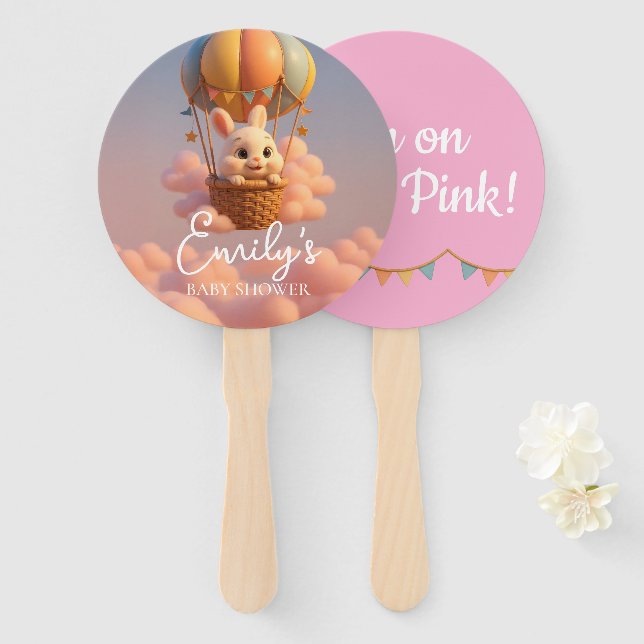 Abanico Gender Reveal Hand Fan, Bunny Balloon It’s a Girl (Anverso y reverso)
