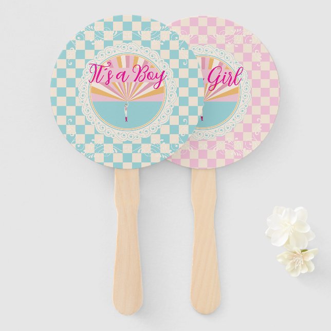 Abanico Gender Reveal Two-Sided Blue-Pink Plaid Checkered (Anverso y reverso)