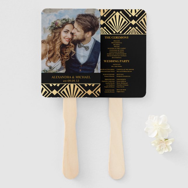 Abanico Glam Art Deco Black Gatsby Boda estilo años 1920 (Anverso y reverso)