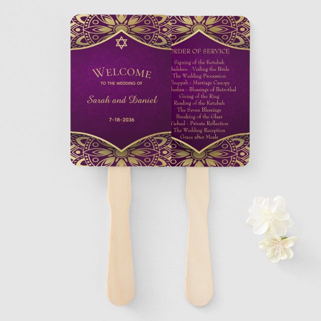 Abanico Gold Mandala on Purple Wedding Order of Service (Anverso y reverso)
