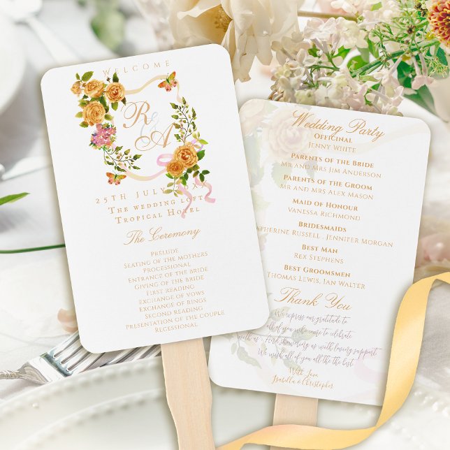Abanico Gold Rose Ribbon Monogram Wedding (Gold Rose Ribbon Monogram Wedding Hand Fan Program)