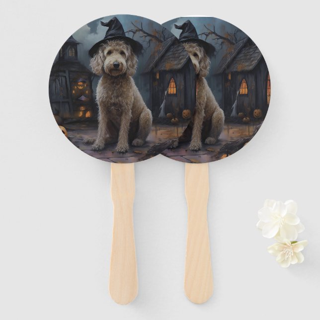 Abanico Goldendoodle Pumpkins Halloween Scary (Anverso y reverso)