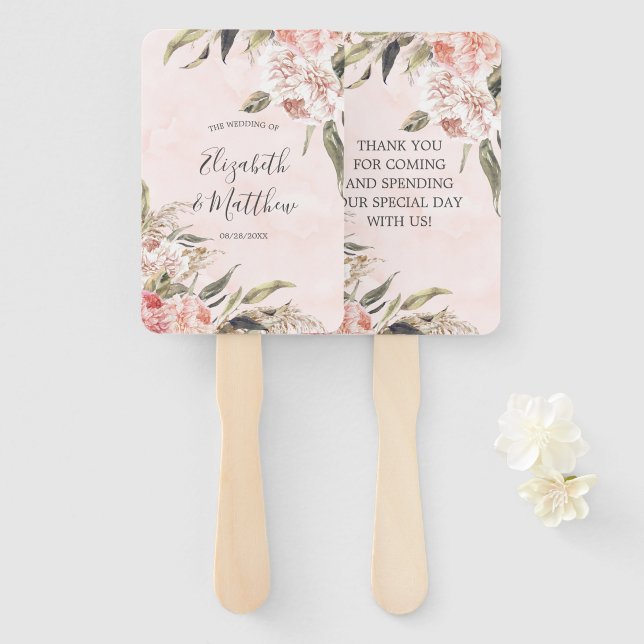 Abanico Gracias Boda Neutral Boho Pink Peony Pampas (Anverso y reverso)