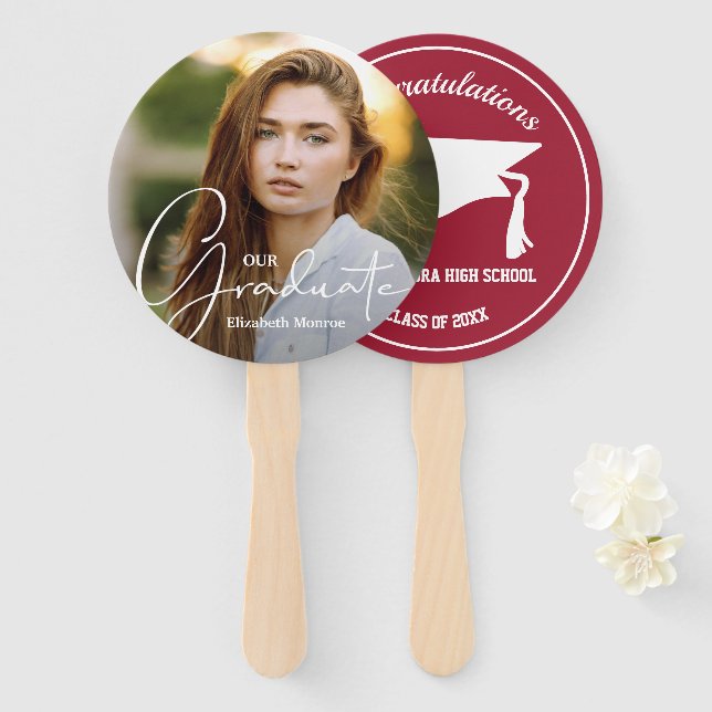 Abanico Grad Cap Graduate Photo Crimson (Anverso y reverso)