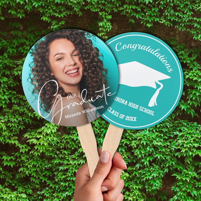 Abanico Grad Cap Modern Graduado Foto Turquoise (Keep cool on graduation day or at your party with these photo double-sided hand fans.)