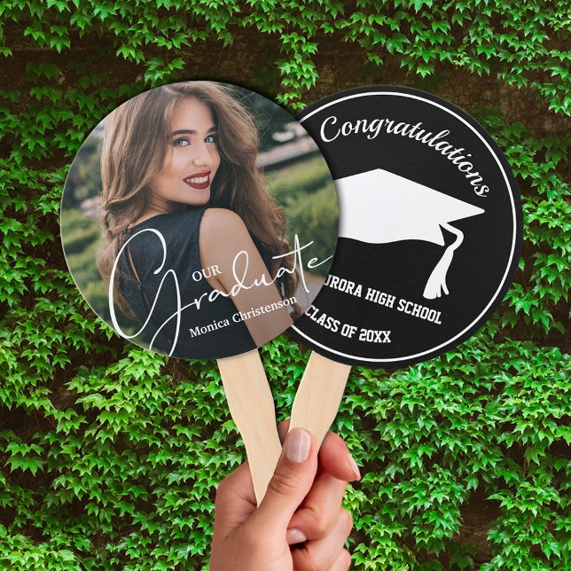 Abanico Grad Cap Modern Graduate Photo Black (Keep cool on graduation day or at your party with these photo double-sided hand fans.)