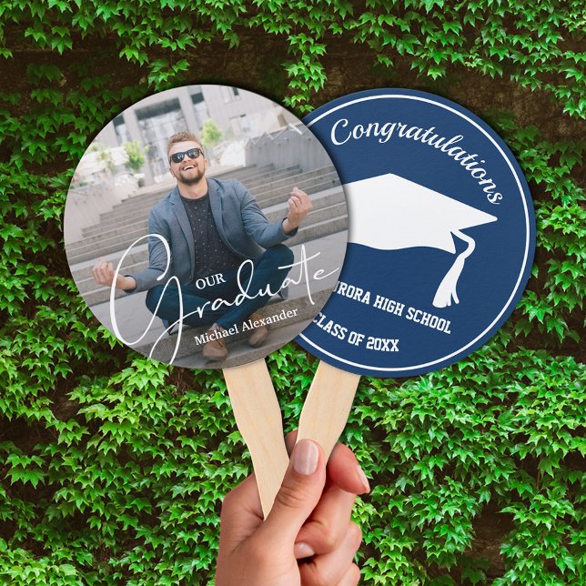Abanico Grad Cap Modern Graduate Photo Blue (Keep cool on graduation day or at your party with these photo double-sided hand fans.)