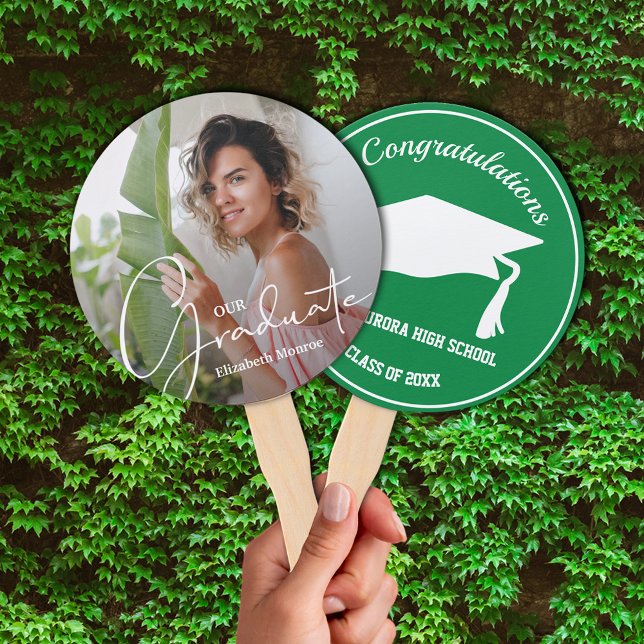 Abanico Grad Cap Modern Graduate Photo Green (Keep cool on graduation day or at your party with these photo double-sided hand fans.)