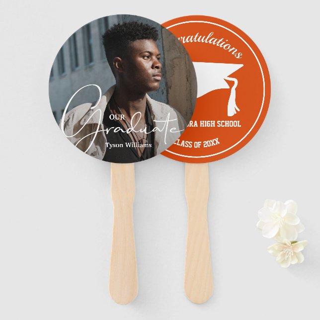 Abanico Grad Cap Modern Graduate Photo Naranja (Anverso y reverso)