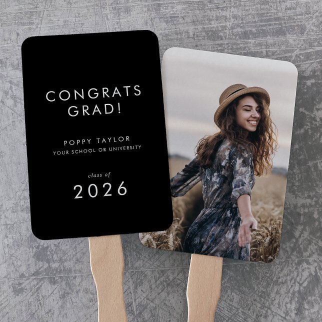 Abanico Graduación de foto de grado de moda Black Congrats (Chic Dark Black Congrats Grad Photo Graduation Hand Fan)