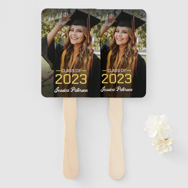 Abanico Graduación Grado de escritura amarilla Foto Fiesta (Anverso y reverso)