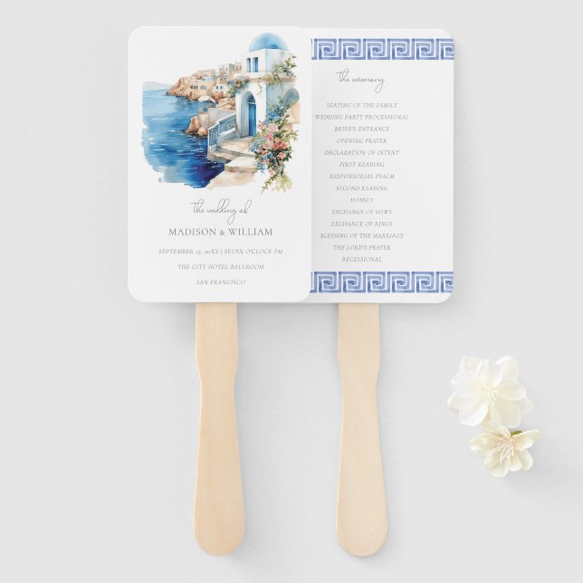 Abanico Grecia Santorini Acuarela Boda Personalizada (Anverso y reverso)