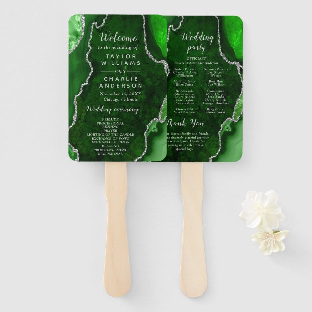Abanico Green and Silver Agate Wedding Program (Anverso y reverso)