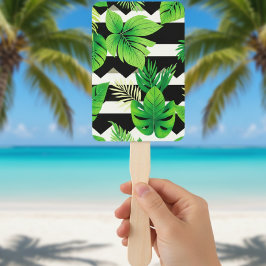 Abanico  Green Leaves on B&W Stripes Fans - Modern