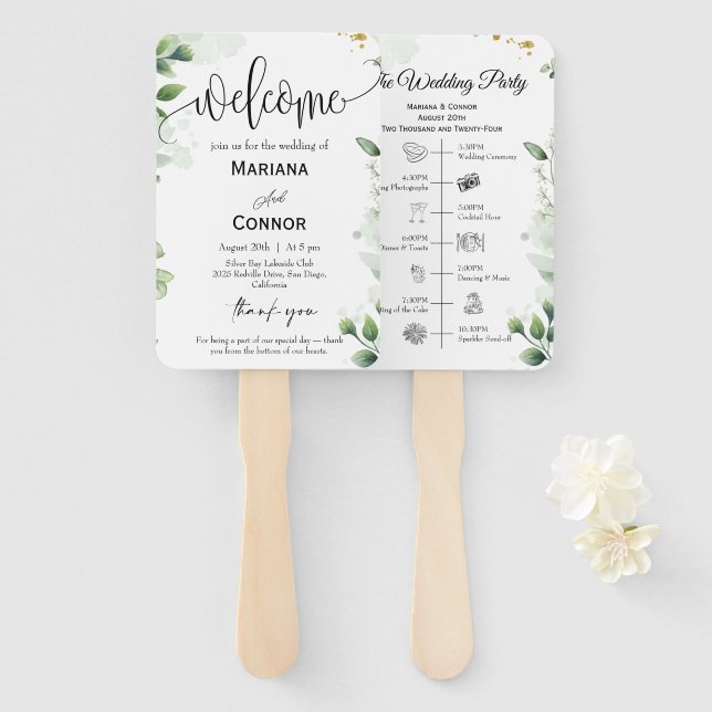 Abanico Greenery Script Timeline Program Invitation (Anverso y reverso)