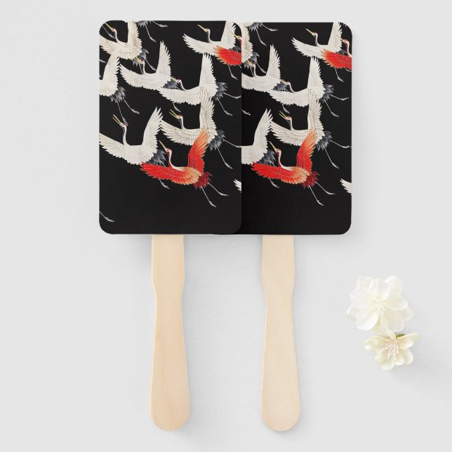 Abanico Grullas voladoras: Arte japonés de kimono con aves (Anverso y reverso)