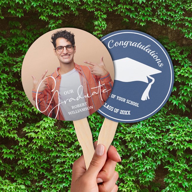 Abanico Guión de graduado personalizado de la foto azul (Keep cool on graduation day or at your party with these photo double-sided hand fans.)