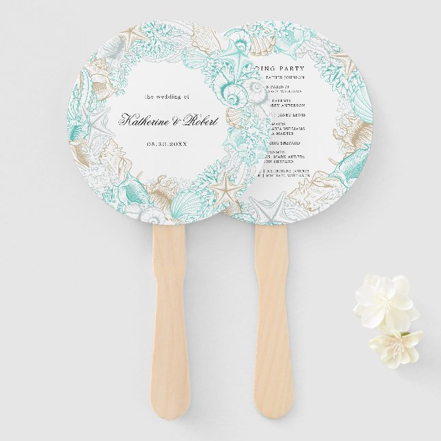 Abanico Hand Fan del programa de bodas turquesa costera co (Anverso y reverso)