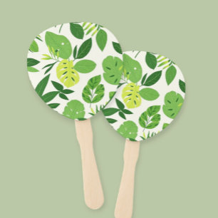 Abanico Hand Fan with Green Leaves Print - Minimalist 