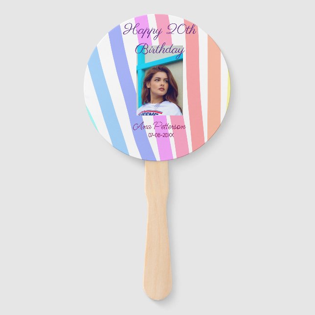 Abanico Happy 20th Birthday rainbow rustic boho lines phot (Anverso)