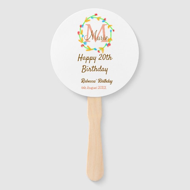 Abanico Happy 20th Birthday red add name monogram wreath (Anverso)