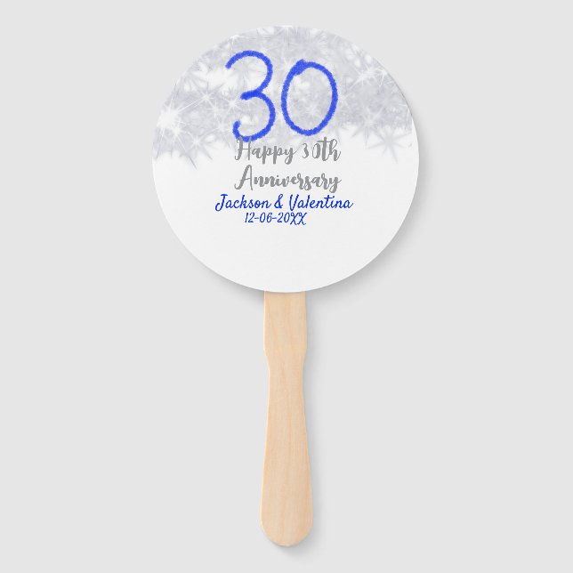 Abanico Happy 30th wedding anniversary silver blue glitter (Anverso)