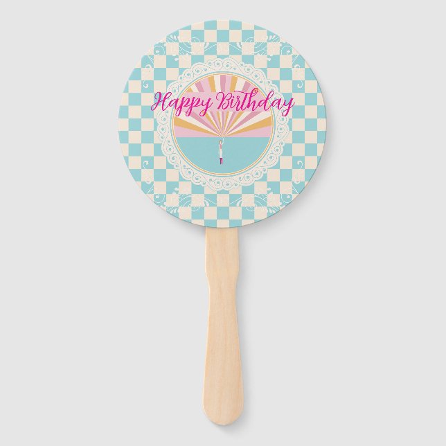 Abanico Happy Fun Blue Gingham Plaid Checkered Birthday (Anverso)