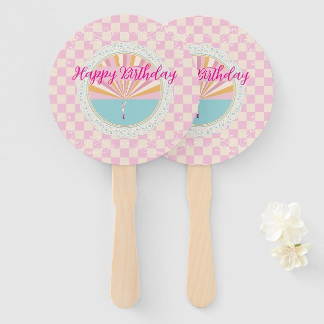 Abanico Happy Fun Pink Gingham Plaid Checkered Birthday (Anverso y reverso)