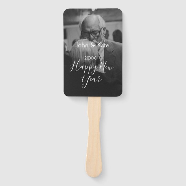 Abanico Happy new year couple photo name year black white  (Anverso)
