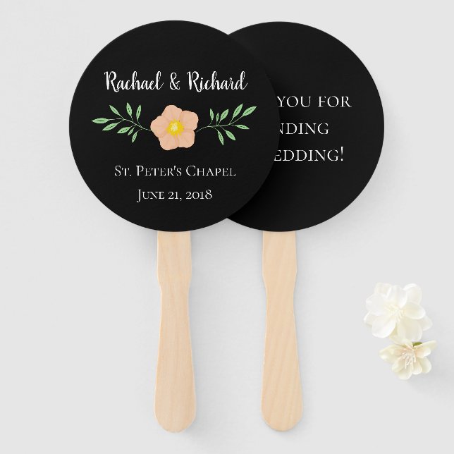 Abanico Hermoso Boda floral de fondo negro (Anverso y reverso)