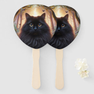 Abanico Hermoso Gato Negro Fluffy con Ojos de Oro