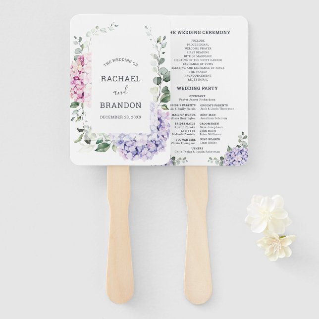 Abanico Hidrangeas rosa azul claro y boda de eucalipto (Anverso y reverso)