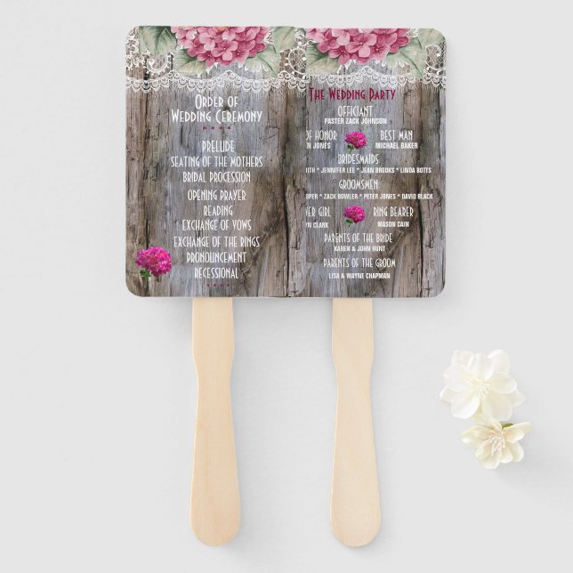 Abanico Hinchas Bodas de hidrangeas Lace & Barn Wood (Anverso y reverso)