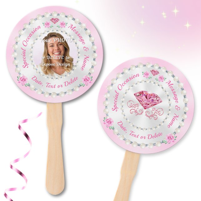 Abanico Hinchas de la mano rosada, hinchas de la mano pers (Personalized photo hand fans. Pink paper fans on stick. Soft pink birthday party ideas. Pink party.)