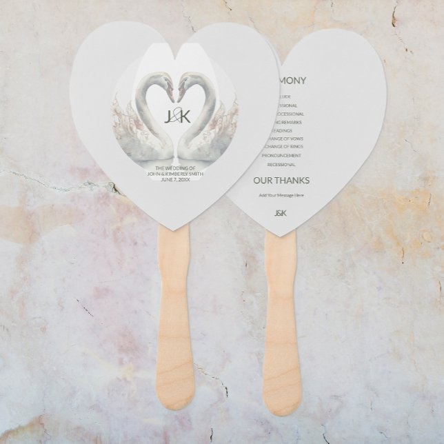 Abanico Hinchas de mano del programa de bodas de cisne per (Personalized Swan Wedding Program Hand Fans (front and back))