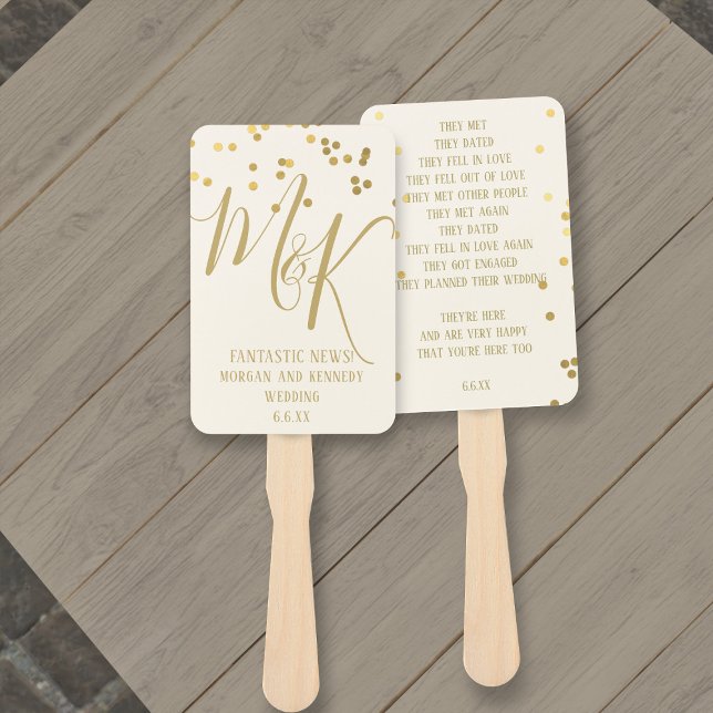 Abanico Hinchas de mano del programa Gold Confetti on Ecru (Gold Confetti on Ecru Wedding Program Hand Fans with space for your details)