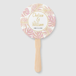 Abanico Hojas tropicales rosa, boda dorado hincha de mano