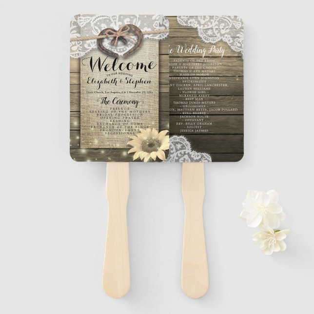 Abanico Horseshoe Sunflower Wood Programas de Boda Hand Fa (Anverso y reverso)