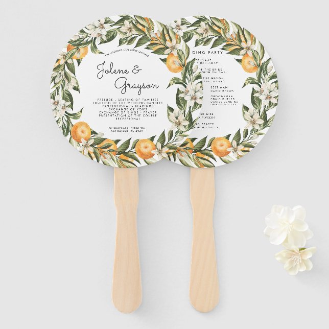 Abanico Huerto de cítricos elegante | Programa de boda Aba (Anverso y reverso)