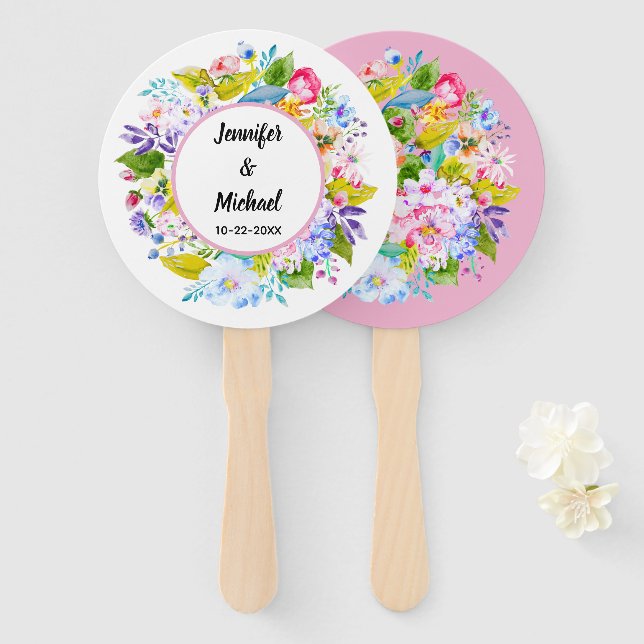 Abanico Huéspedes de Bodas románticos con flores rosadas m (Anverso y reverso)