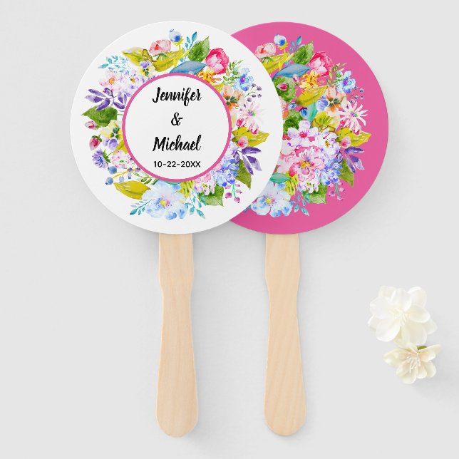 Abanico Huéspedes modernos Bodas Floral-Rosa (Anverso y reverso)