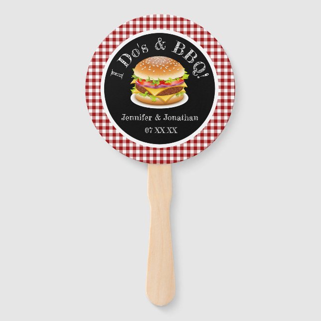 Abanico I Do y BBQ Red Gingham Hamburger Casual Boda (Reverso)