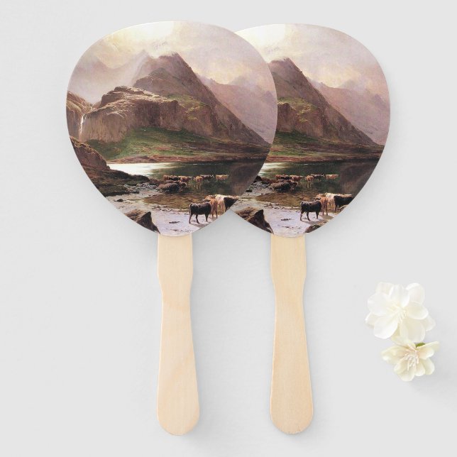 Abanico Isle Skye Scotland Lake Mountains Cows Hand Fan (Anverso y reverso)