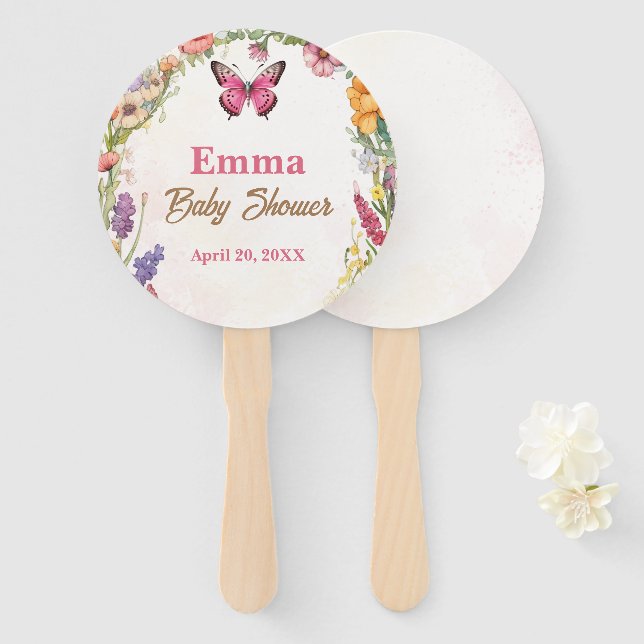 Abanico Jardín floral Baby Shower de mariposa rosa (Anverso y reverso)