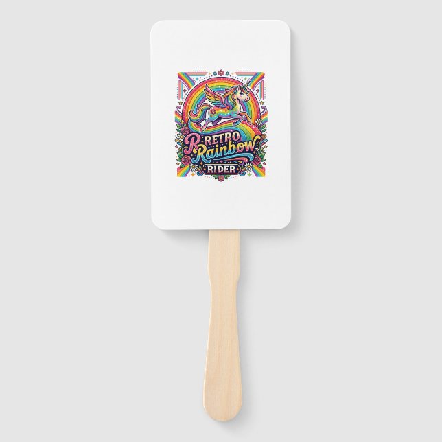 Abanico Jinete de Arcoíris Retro Unicornio (Anverso)