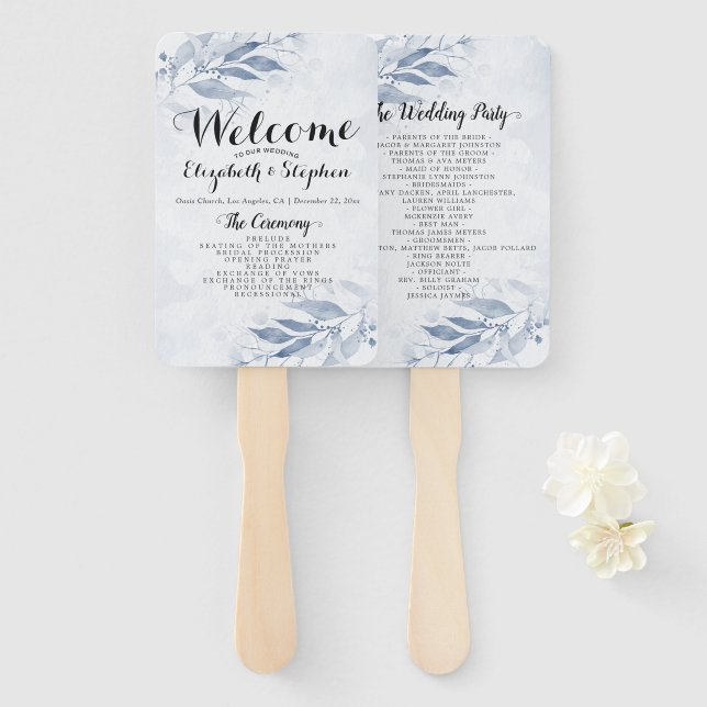 Abanico La acuarela azul deja programas de matrimonio botá (Anverso y reverso)