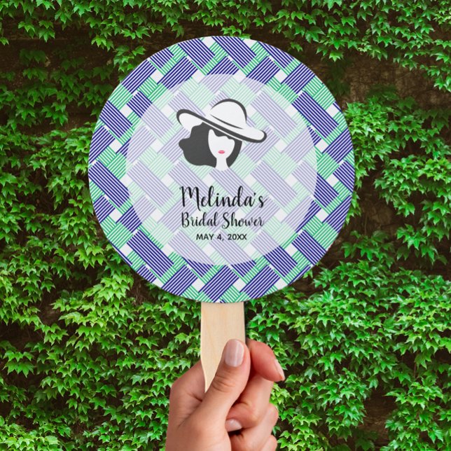Abanico Lady Big Gorra en las franjas azules de Derby (Lady in big hat on blue, green and white stripes Derby-themed bridal shower hand fans)