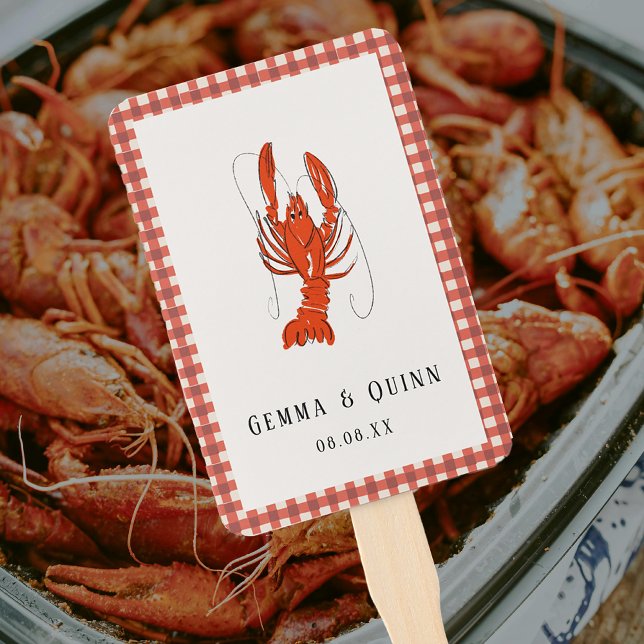 Abanico Langostinos Rojos de Cuadrillé Hervidos Verano Caj (Red Gingham Boiled Crawfish Cajun Summer Hand Fan)