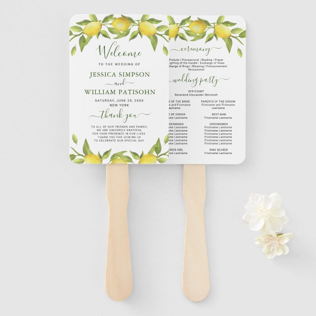 Abanico Lemons Greenery Blossom Wedding Program Hand Fan (Anverso y reverso)