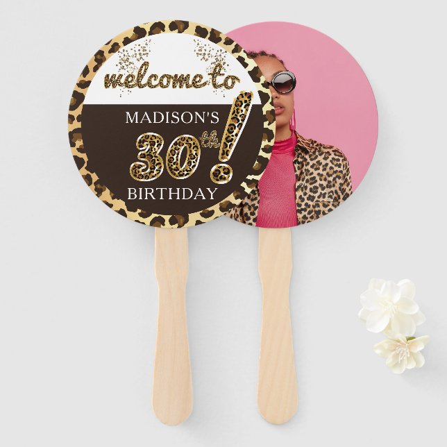Abanico Leopard Balloon Script Birthday Photo Personalizad (Anverso y reverso)